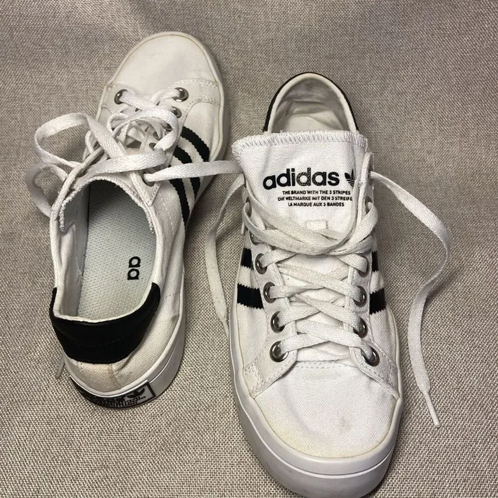 Adidas Women's White and Black Striped Sneakers. Size 6.